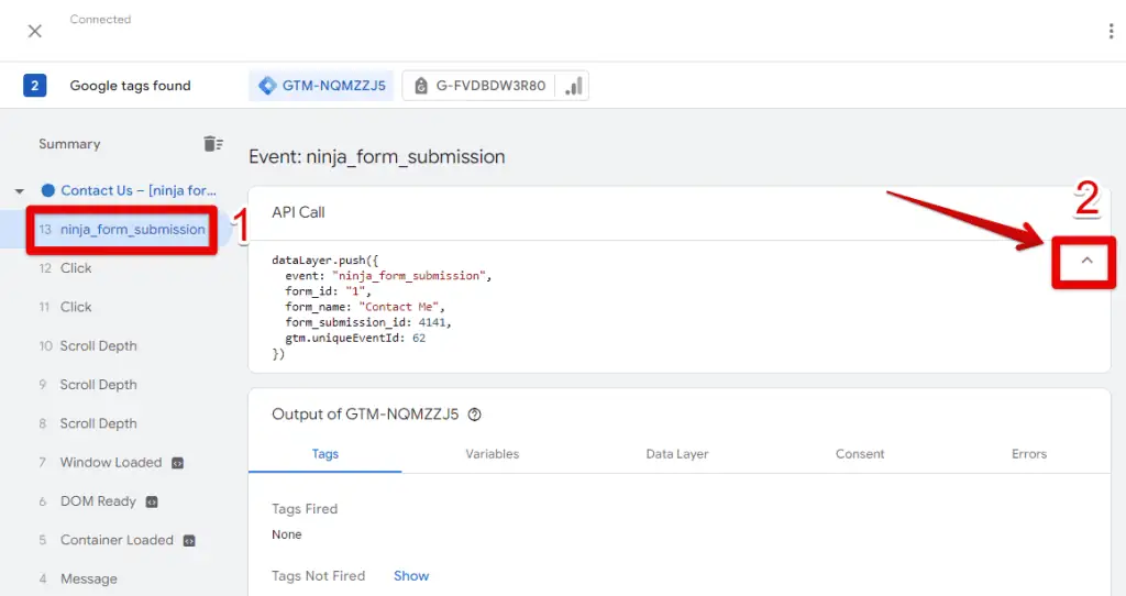 Ninja form submission event