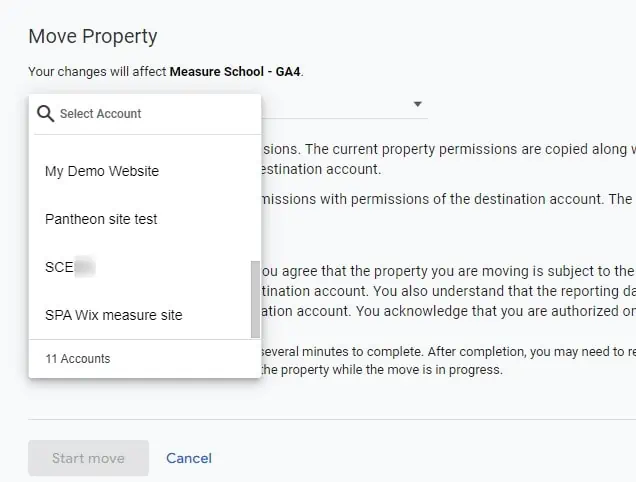 Selecting an account destination for moving the property