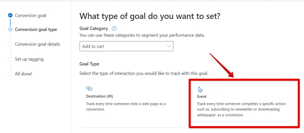 Selecting the Event goal type
