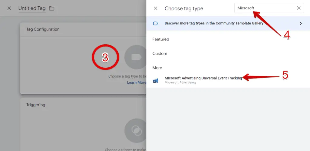 Selecting the Microsoft advertising tag in GTM