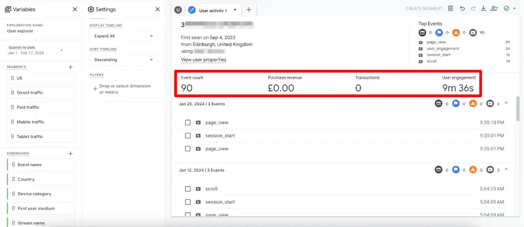 Summary of metrics in User Explorer