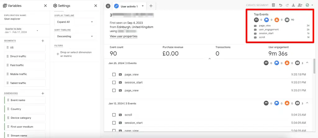 Top events in the User Explorer report
