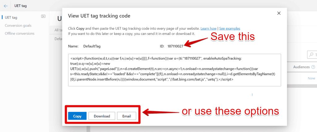 Viewing the UET Tag tracking code