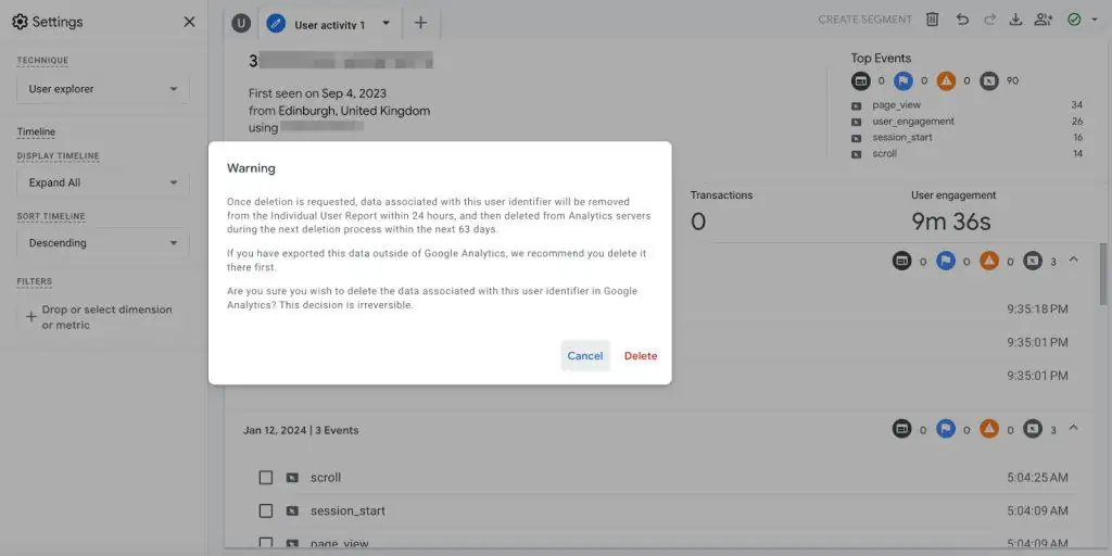 Warning prompt to delete user from User Explorer
