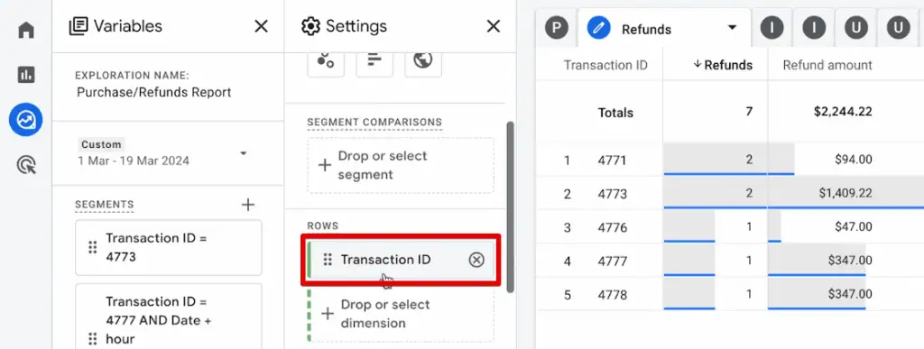 Adding the transaction ID to the rows section