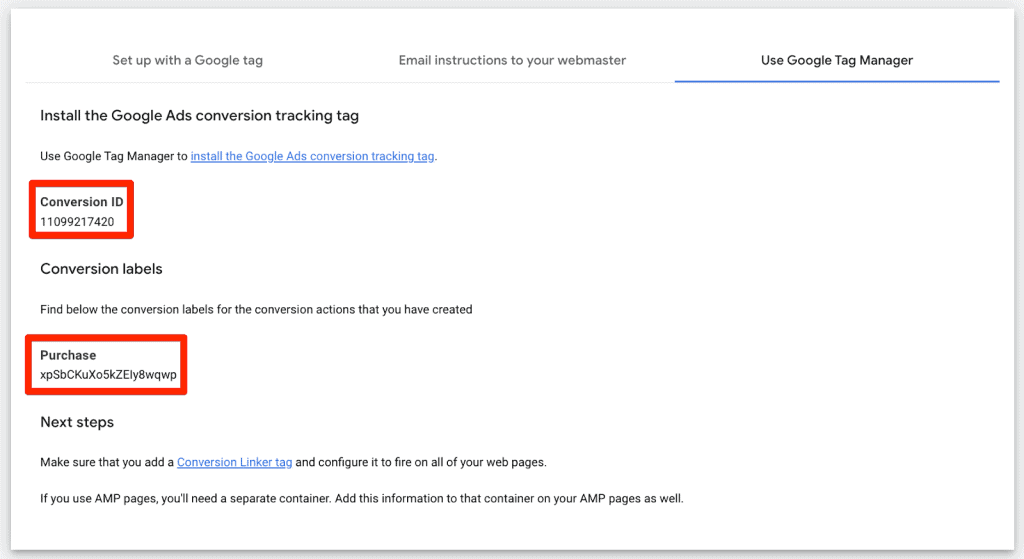 Conversion tracking setup in Google Ads