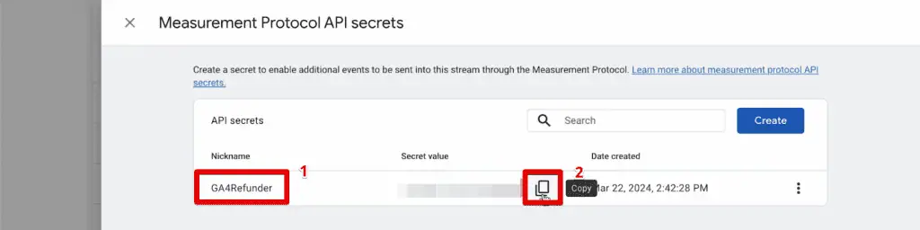 Copying the measurement protocol API secret
