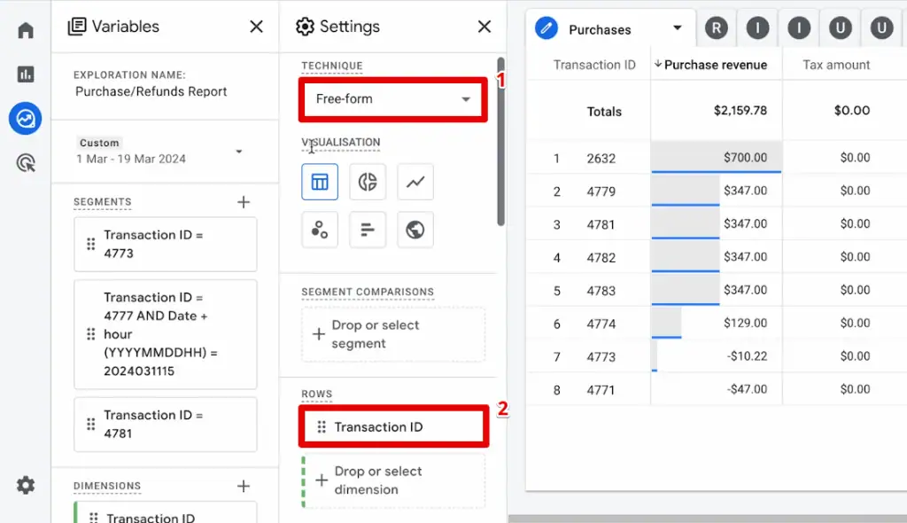 Creating a free-form exploration report and adding the transaction ID in the rows