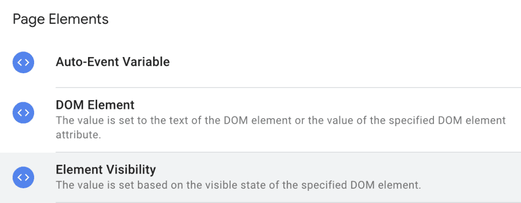 Dom element and element visibility variables in GTM