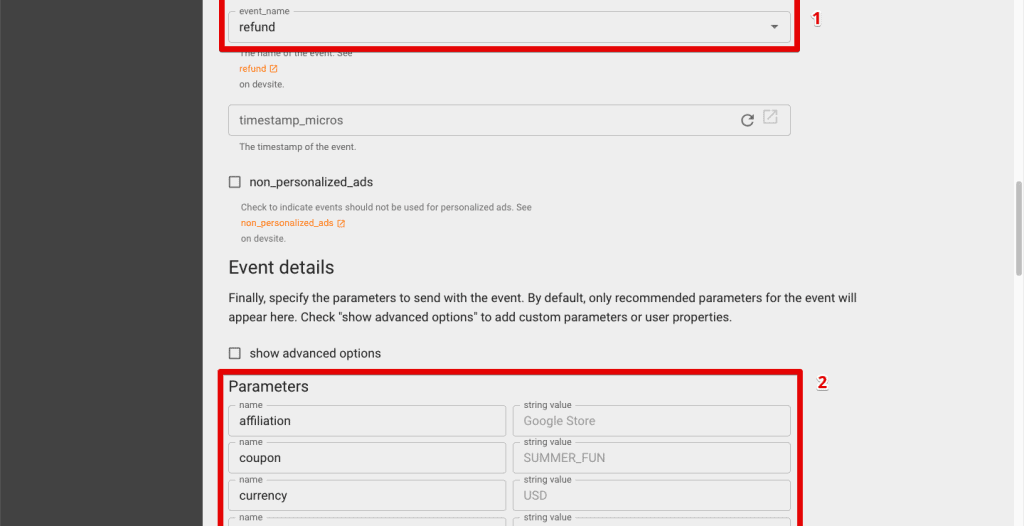 Event name and event parameter inputs for the GA4 Event Builder tool