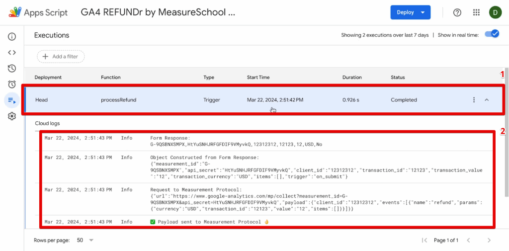 Executions section of the Apps Script