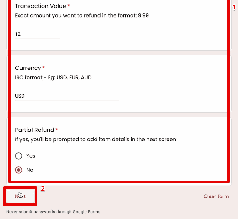 Filling test information in the GA4 Refunder tool