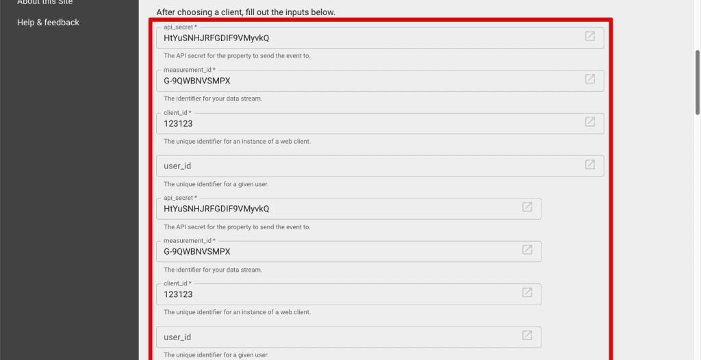 General inputs for the GA4 Event Builder tool