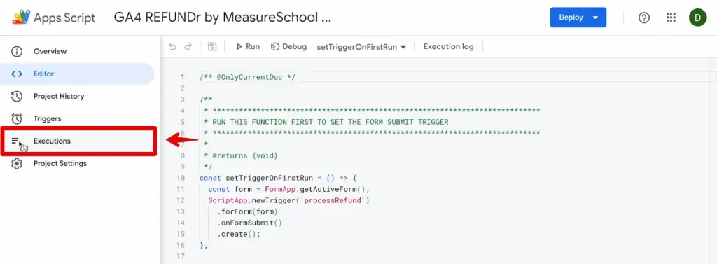 Opening the executions section