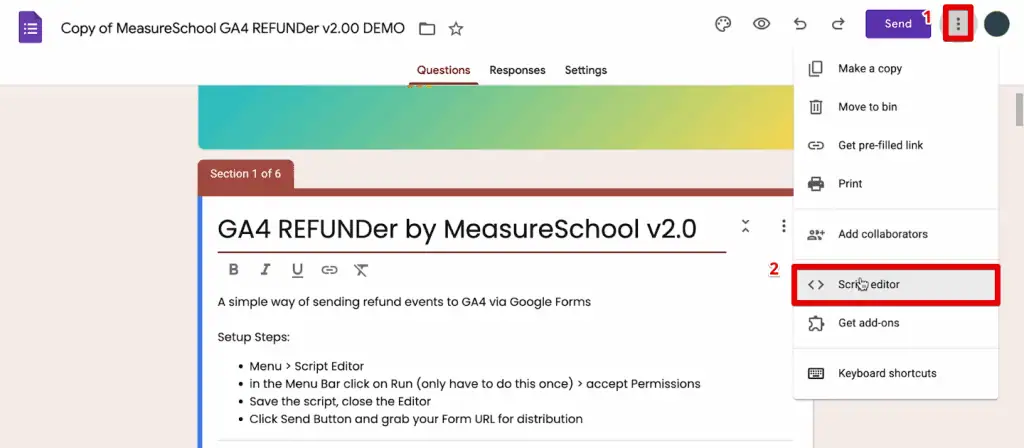 Opening the script editor of the GA4 Refunder form