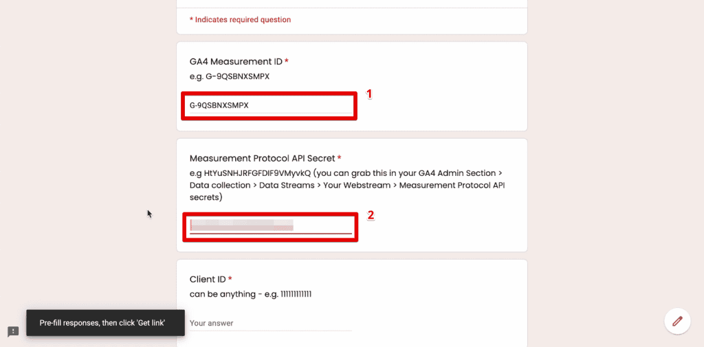Pre-filling the measurement ID and measurement protocol API secret fields