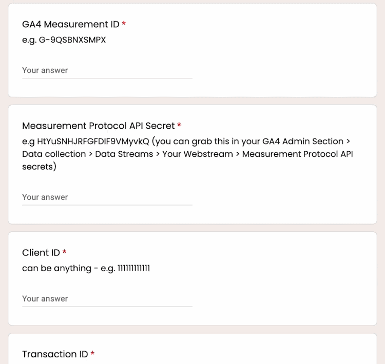 Required fields in the GA4 Refunder Tool