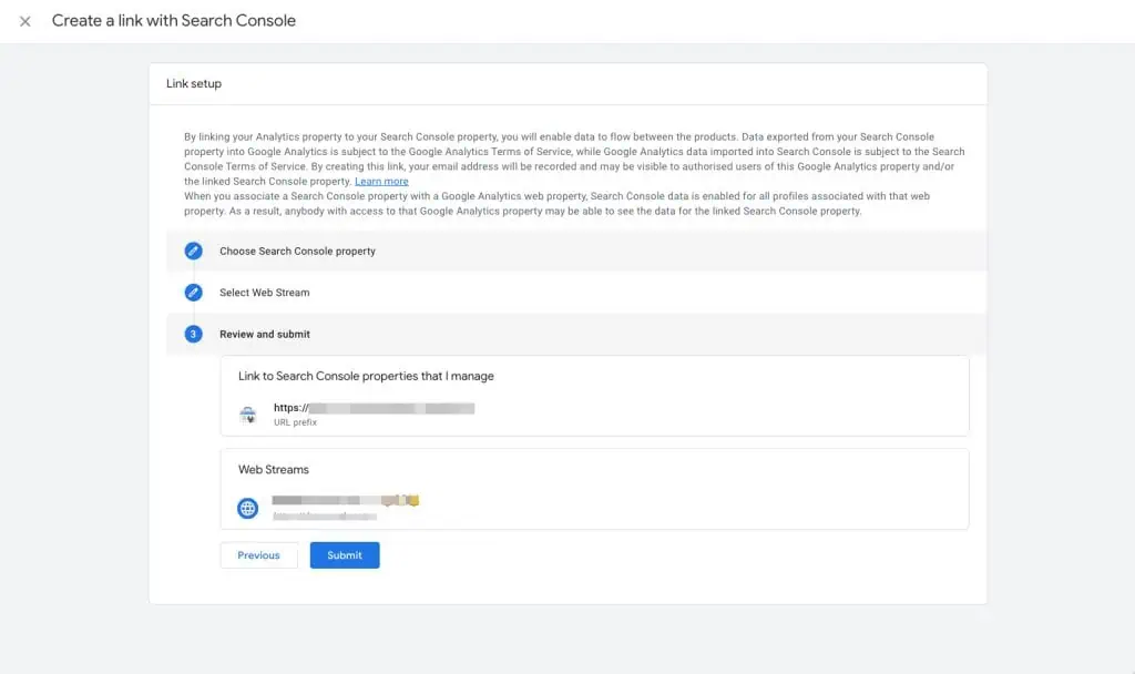 Search Console links setup interface to review the settings and click on submit to complete creating the link