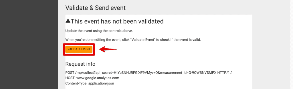 The validate event feature of the GA4 Event Builder tool