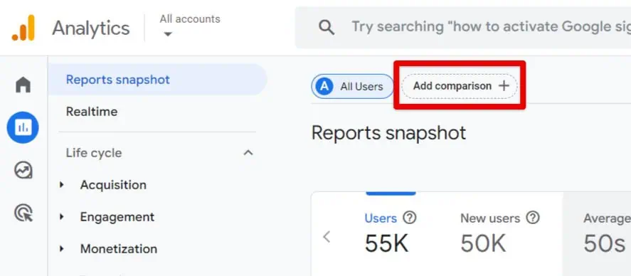 Adding a comparison from a standard report