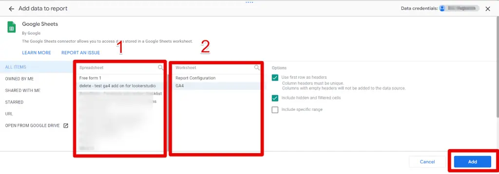 Adding the worksheet to Looker Studio