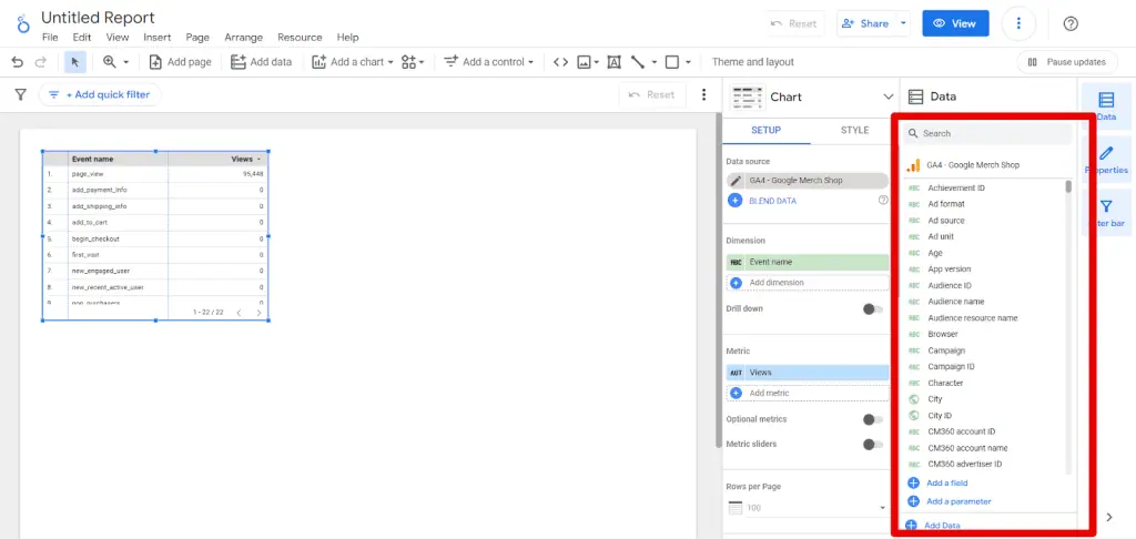 Available GA4 data in the data panel