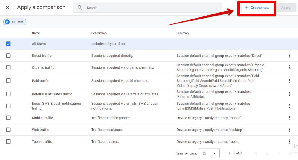 Clicking Create New for comparisons