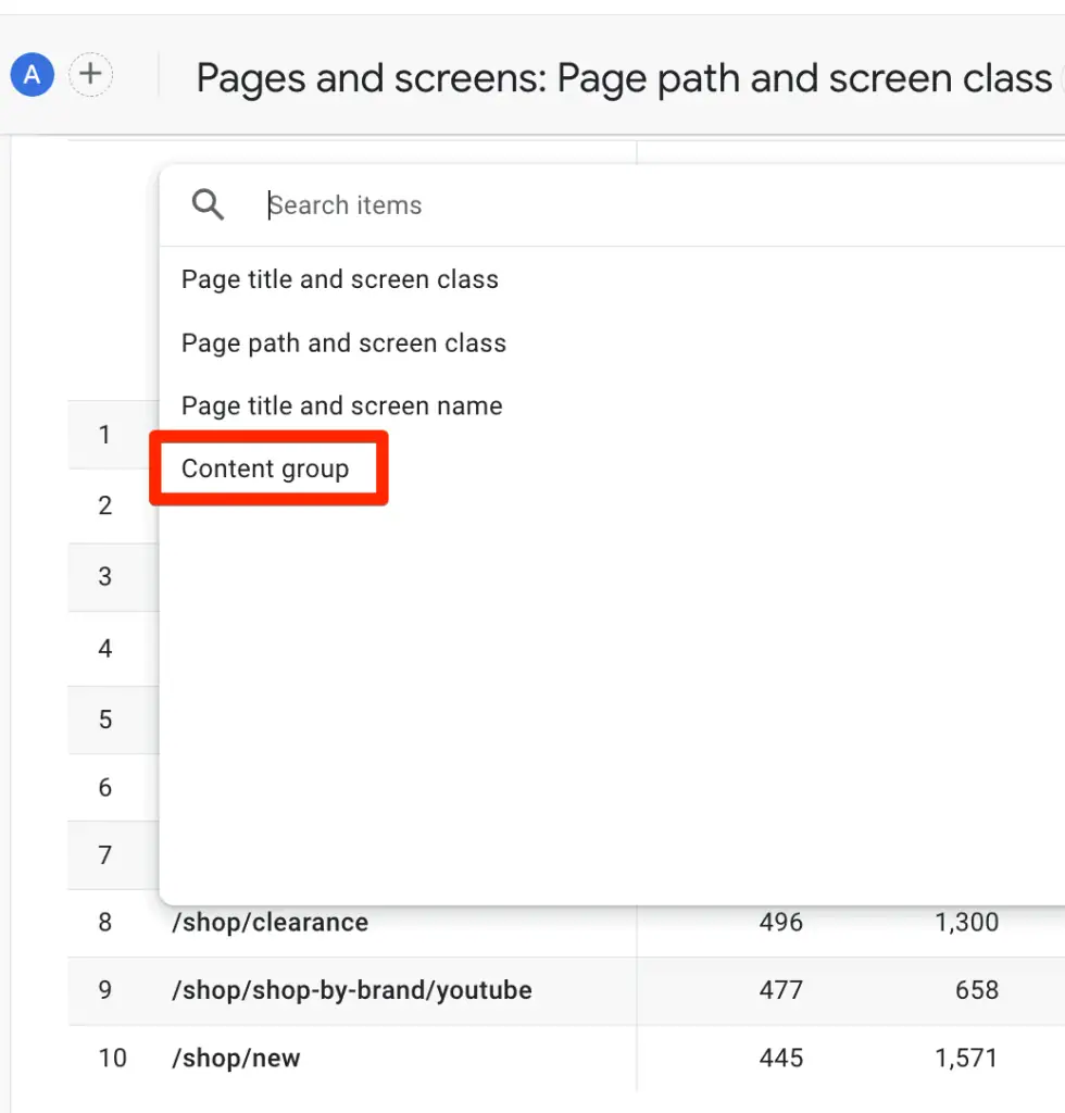 Content group dimension in pages and screens report