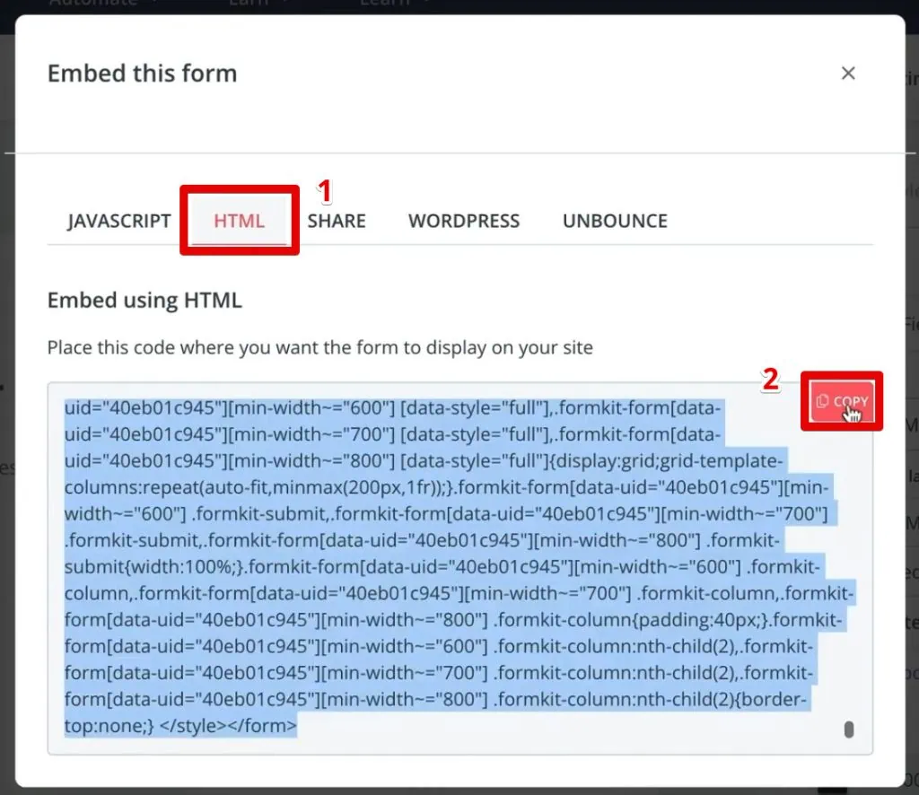 Copying the HTML code for embedding the ConvertKit form