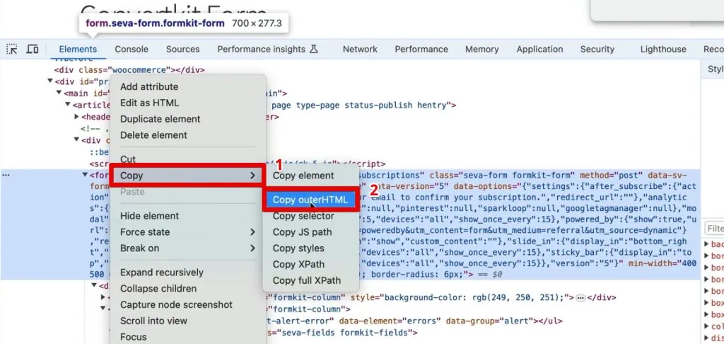 Copying the outer HTML of the ConvertKit form fields