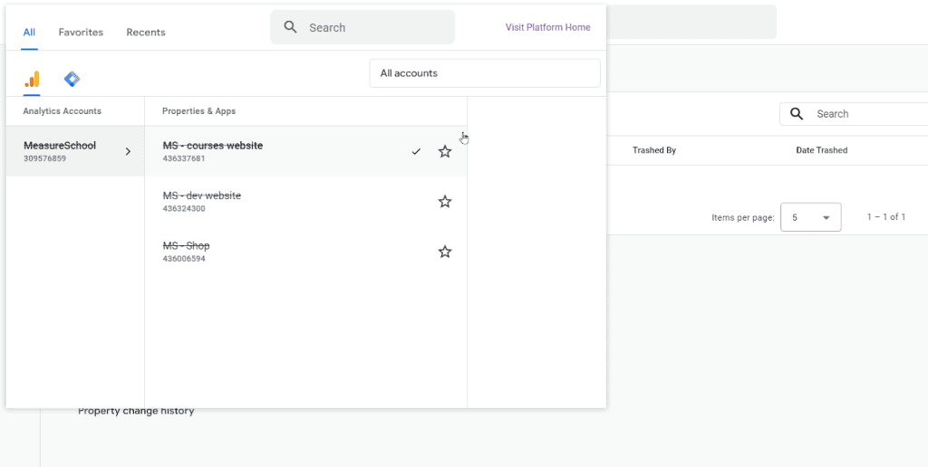 Deleted accounts and properties with a strikethrough