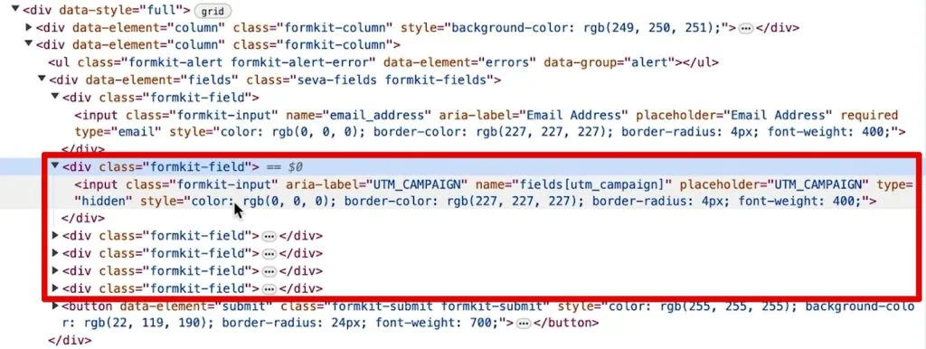 Div tags for the hidden UTM fields