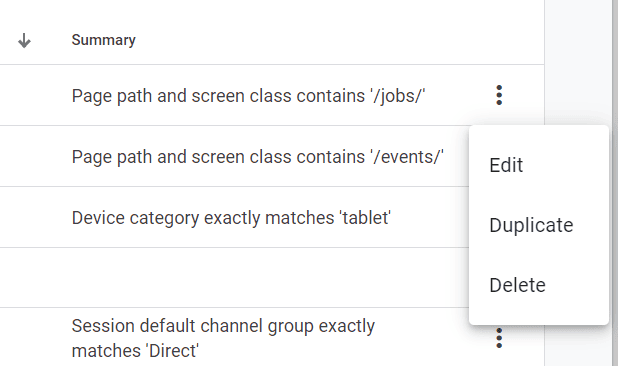 Edit, duplicate, and delete comparison options