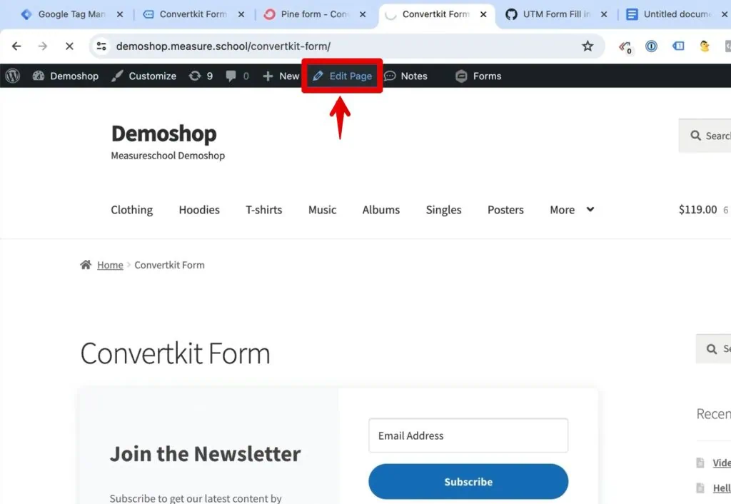 Editing the page with the old ConvertKit form