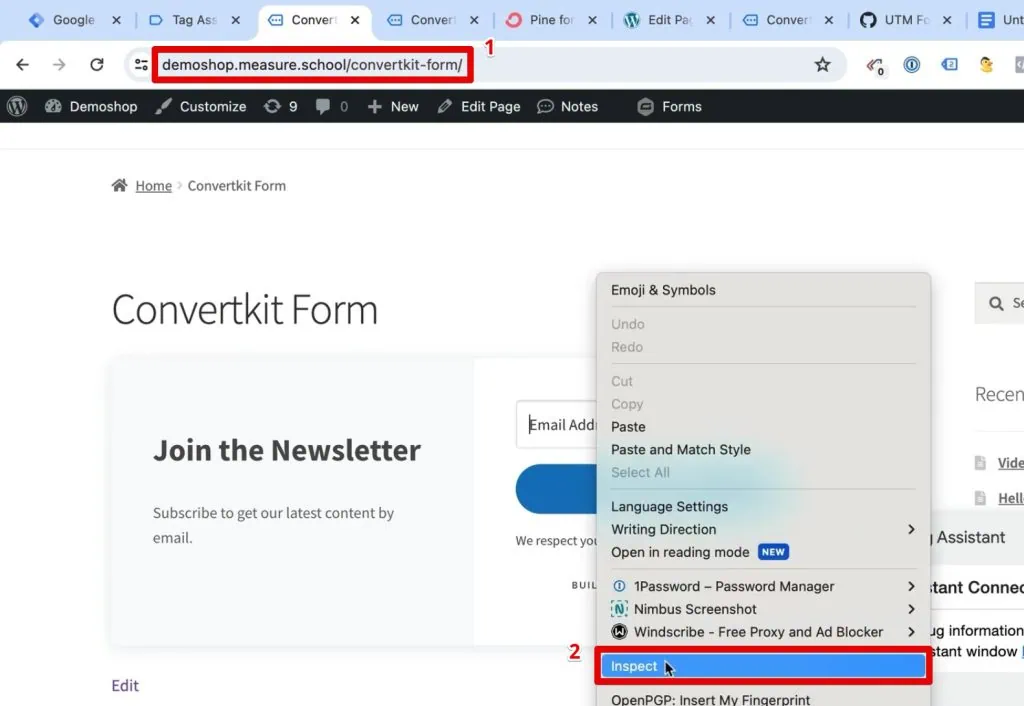 Entering the webpage with the ConvertKit form and inspecting the form