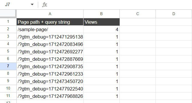 Example of formatted Google Sheets for Looker Studio