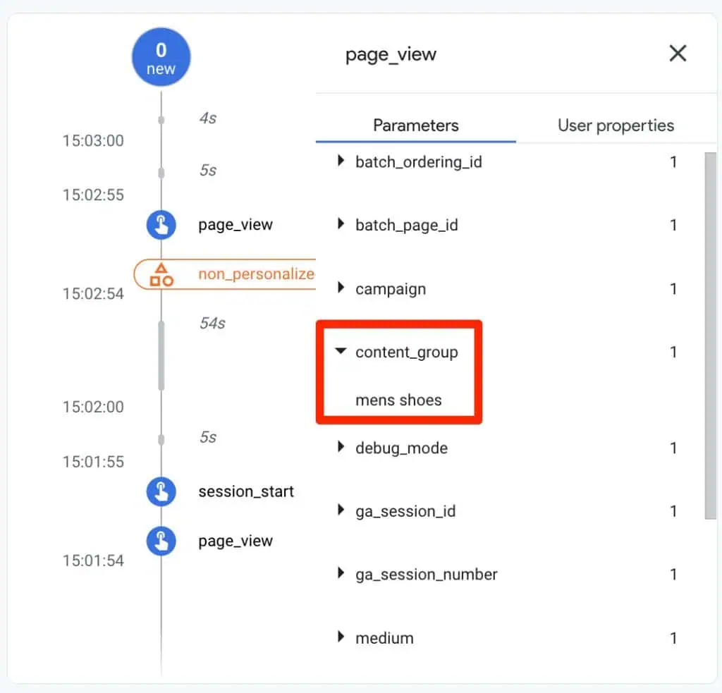 GA4 Debugview with content_group values