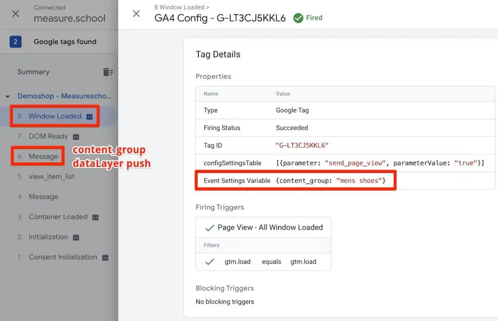 GTM preview mode showing the content_group values with the event settings variable