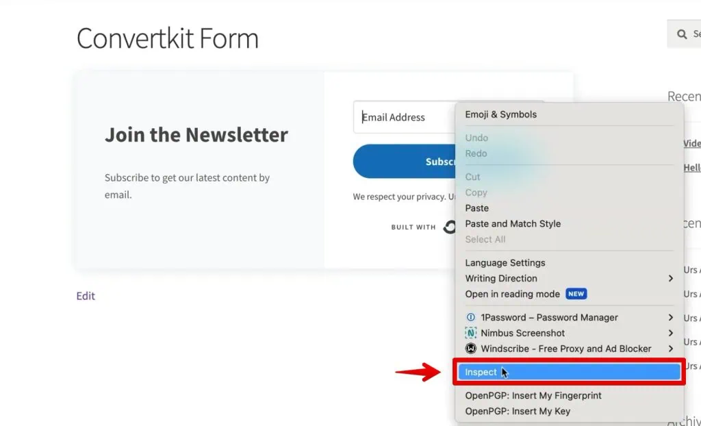 Inspecting the ConvertKit form
