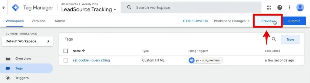 Opening the GTM preview mode