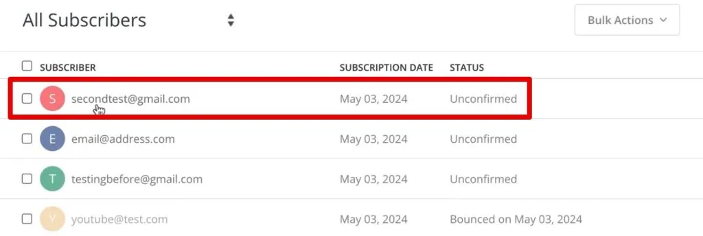 Opening the details of the test subscriber