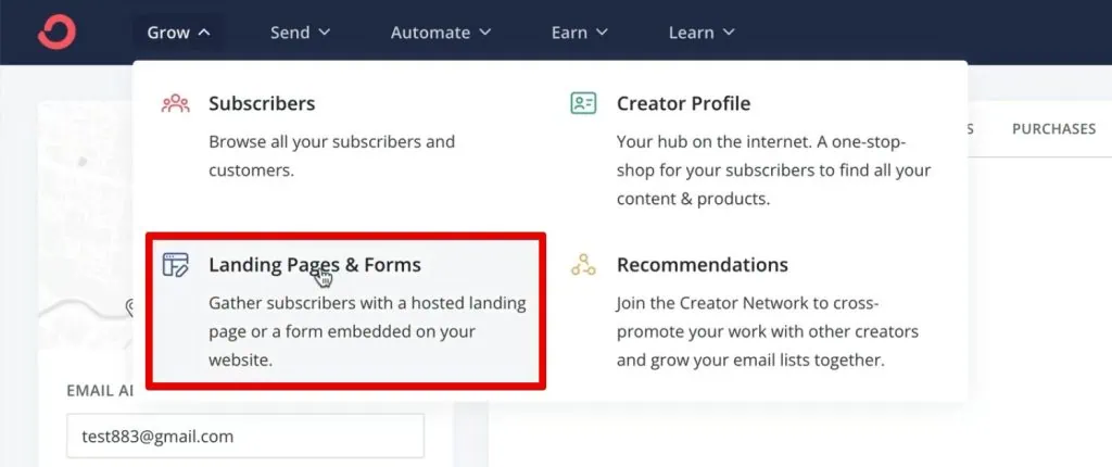 Opening the landing pages & forms page in ConvertKit