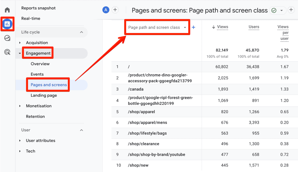 Page path and screen class drop-down in GA4