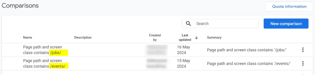 Page path comparisons
