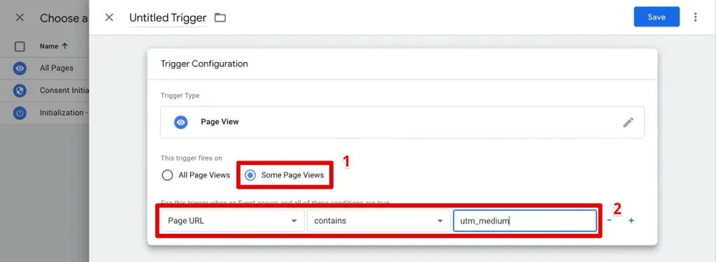 Page view trigger for the page URL containing utm_medium