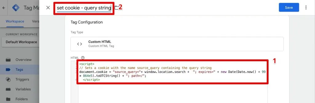 Pasting the set cookie source info code and naming the tag