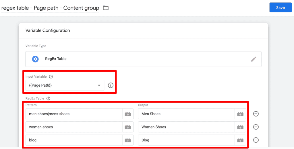 Regex table showing input variable, pattern, and output values