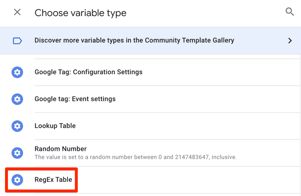 Regex table variables in GTM