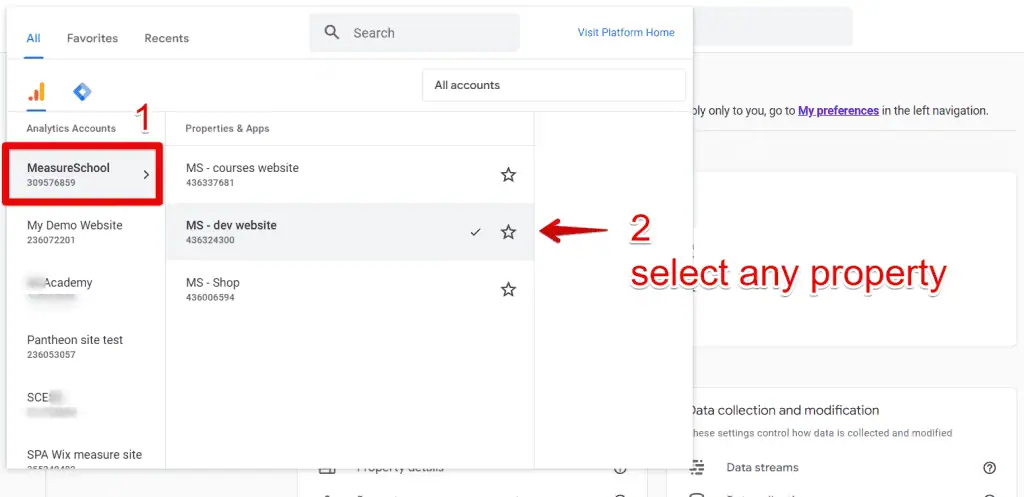 Selecting a property for an account deletion