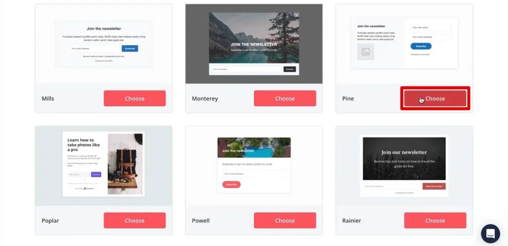 Selecting the pine template
